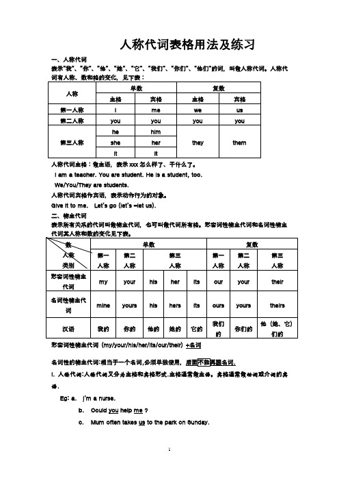 打印人称代词表格用法及练习