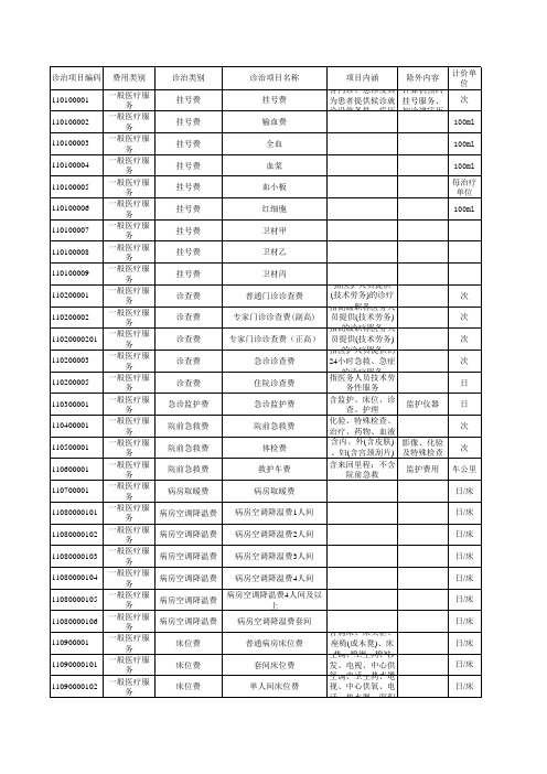 医保诊疗项目价格(一级甲等)