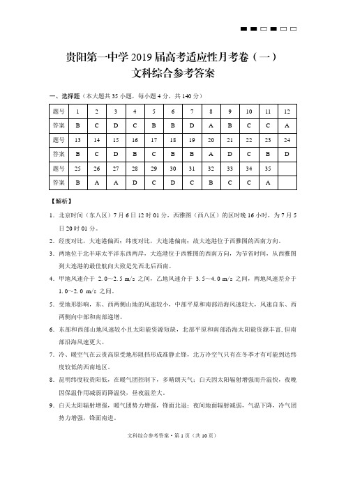 贵州省贵阳市第一中学2019届高三9月月考文科综合答案