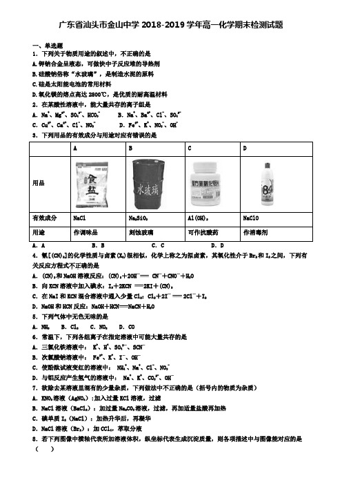 广东省汕头市金山中学2018-2019学年高一化学期末检测试题