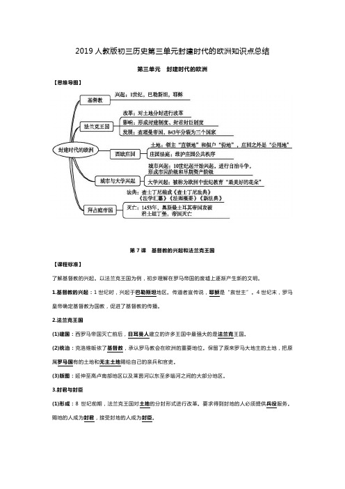 2019人教版初三历史第三单元封建时代的欧洲知识点总结