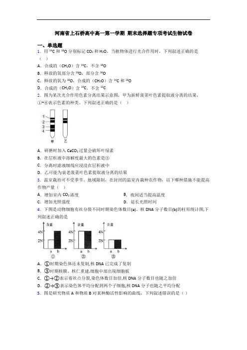 河南省上石桥高中高一第一学期 期末选择题专项考试生物试卷