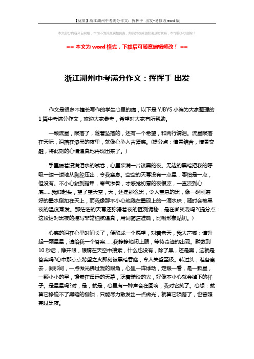 【优质】浙江湖州中考满分作文：挥挥手 出发-易修改word版 (2页)