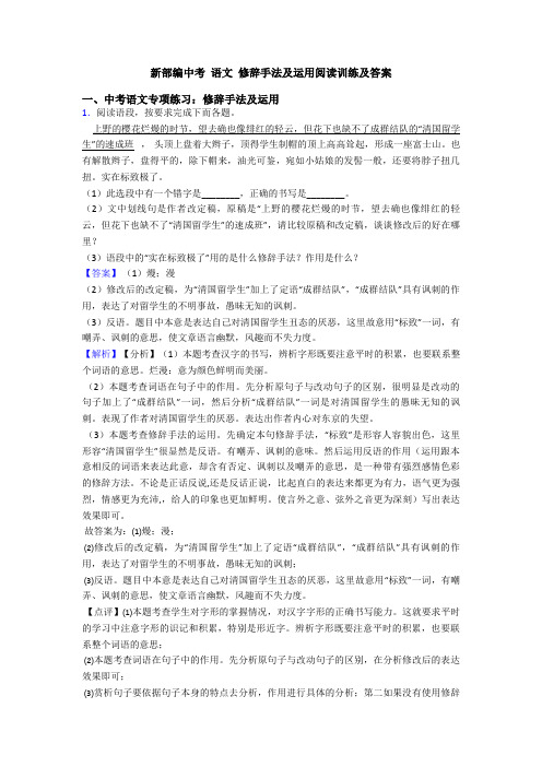 新部编中考 语文 修辞手法及运用阅读训练及答案