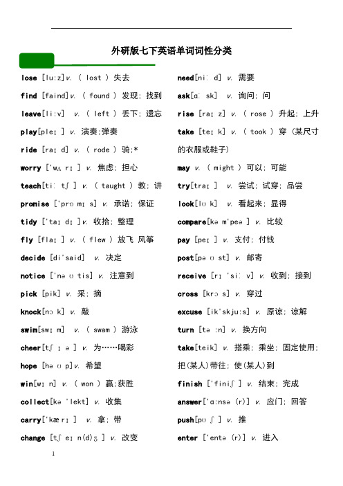 外研版七下英语单词词性分类