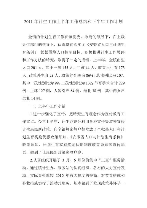 乡镇计生2011年上半年工作总结和下半年工作计划