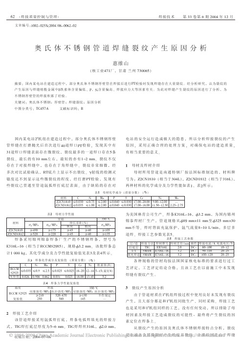 奥氏体不锈钢管道焊缝裂纹产生原因分析[1]