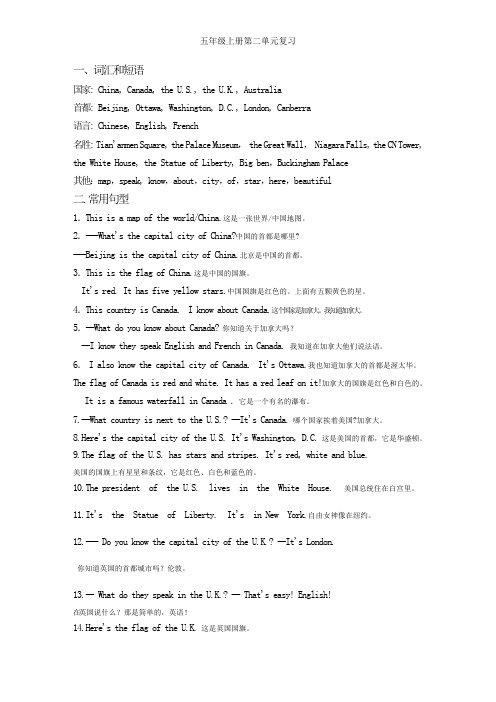 小学英语五年级上册第二单元复习重点