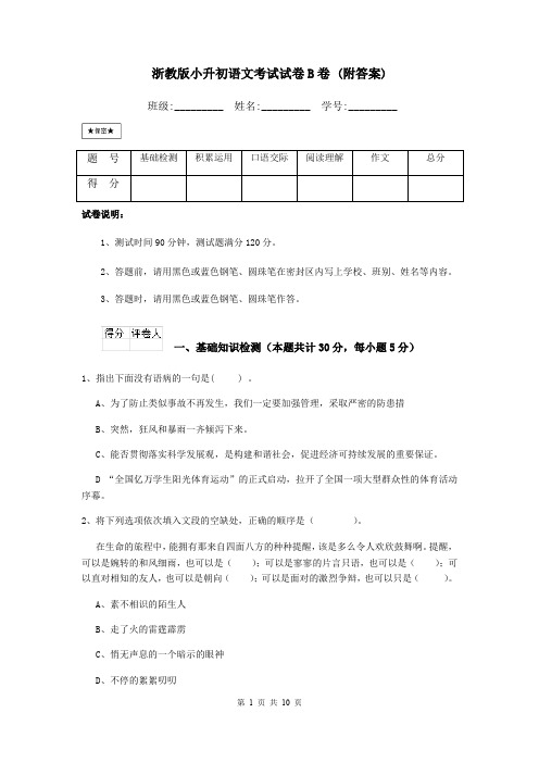 浙教版小升初语文考试试卷B卷 (附答案)