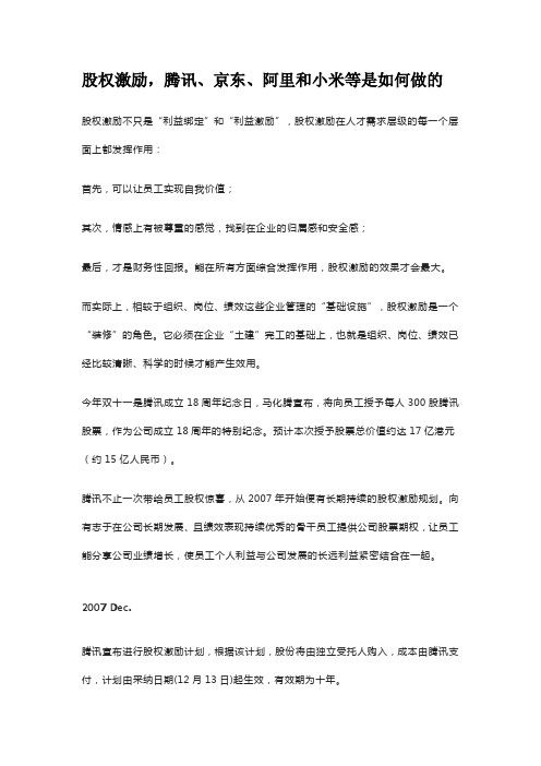 股权激励,腾讯、京东、阿里和小米等是如何做的