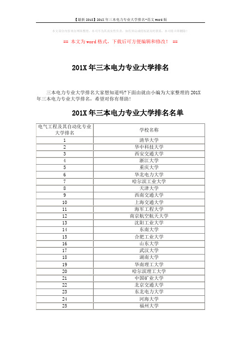 【最新2018】201X年三本电力专业大学排名-范文word版 (4页)