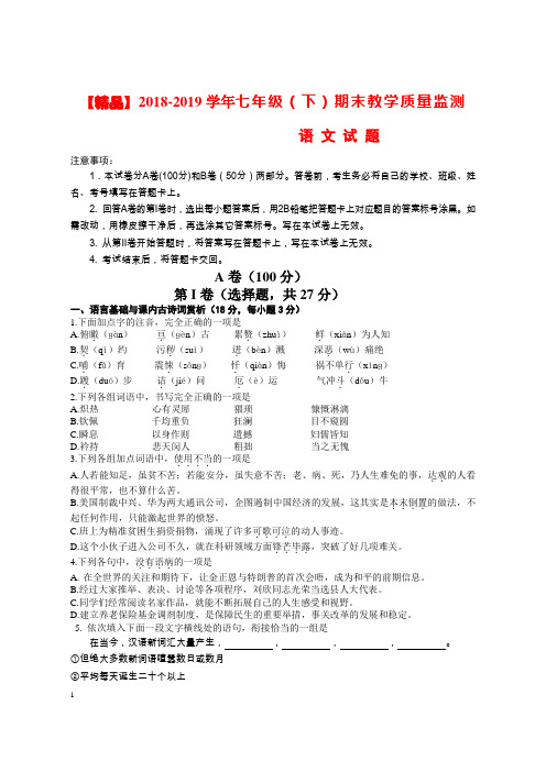 【精品】2018-2019学年七年级(下)期末教学质量监测                   语 文 试 题