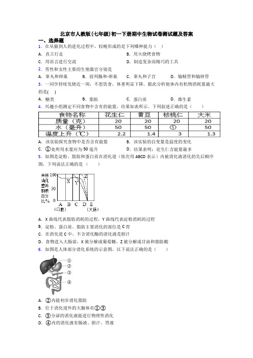 北京市人教版(七年级)初一下册期中生物试卷测试题及答案