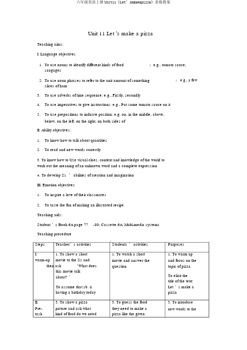 六年级英语上册Unit11《Let’smakeapizza》表格教案