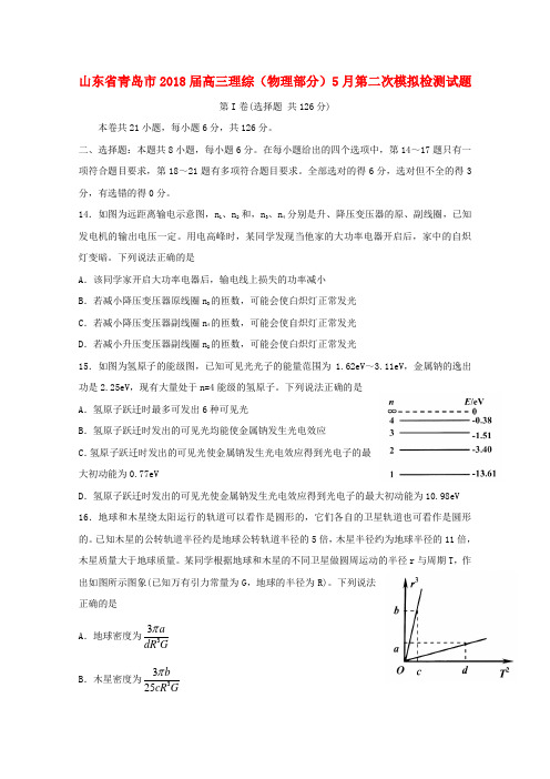 山东省青岛市2018届高三理综物理部分5月第二次模拟检测习题