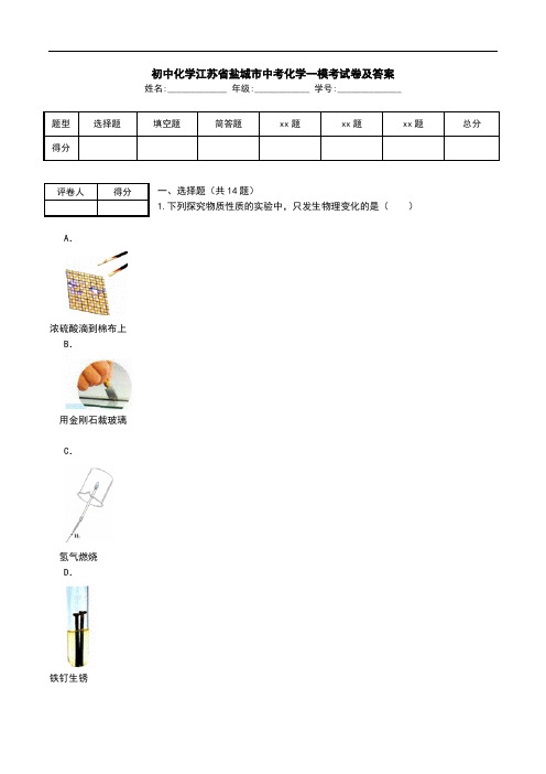 初中化学江苏省盐城市中考化学一模考试卷及答案.doc
