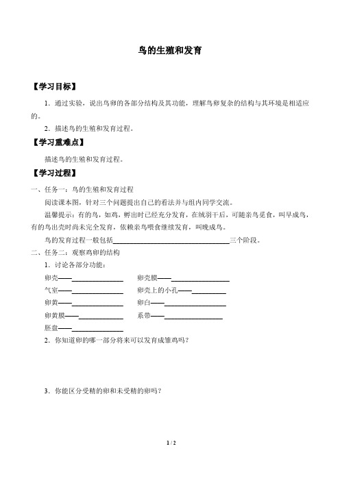 鲁科版(五四学制)生物八年级下册：8.1.3 鸟的生殖和发育  学案(无答案)
