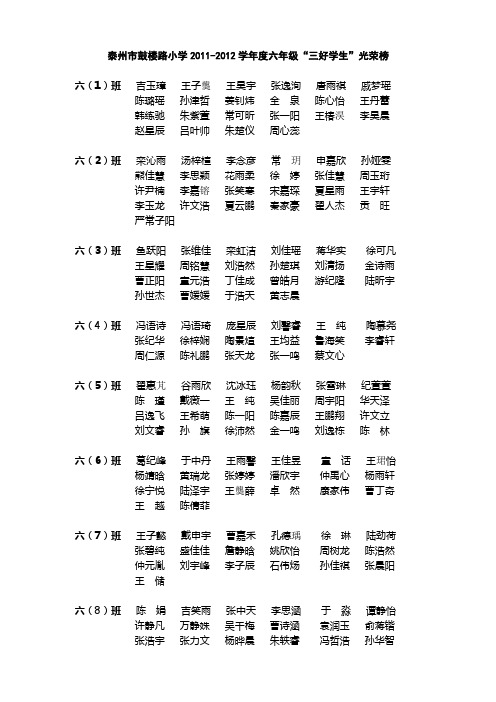 泰州市鼓楼路小学2011-2012学年度六年级“三好学生”光荣榜