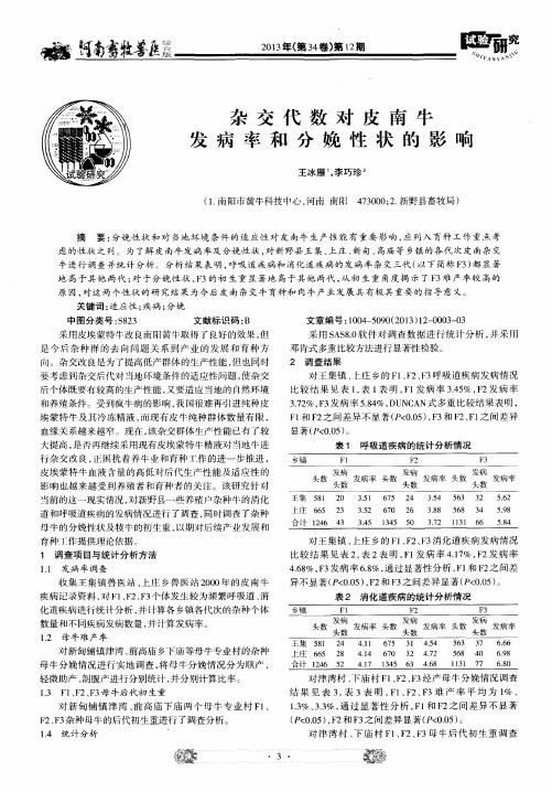 杂交代数对皮南牛发病率和分娩性状的影响