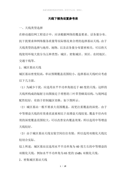 天线下倾角设置参考表