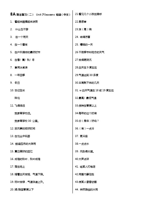 八年级上册英语(苏教版八年级)8A期末复习U7短语(中文)