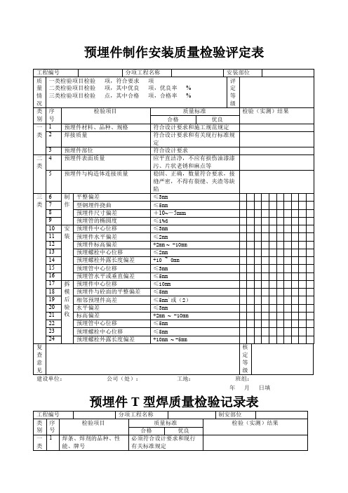 预埋件制作安装质量检验评定表