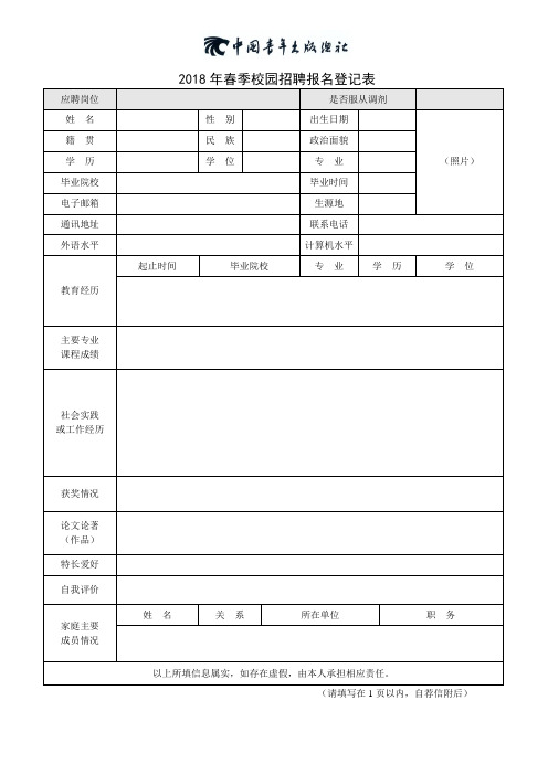 2018年春季校园招聘报名登记表