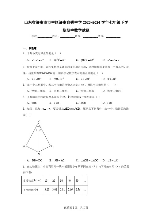 山东省济南市市中区济南育秀中学2023-2024学年七年级下学期期中数学试题