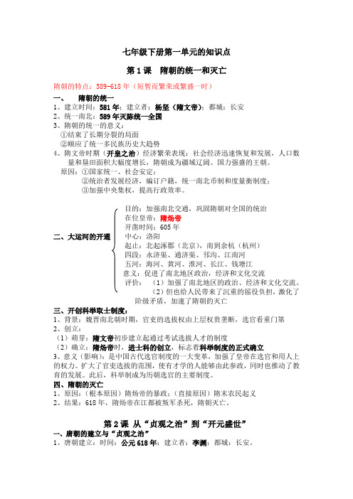 人教部编版历史七年级下册第一单元 隋唐时期：繁荣和开放的时代知识点总结