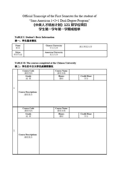 《中美人才培养计划》121双学位项目课程描述及成绩表格模板