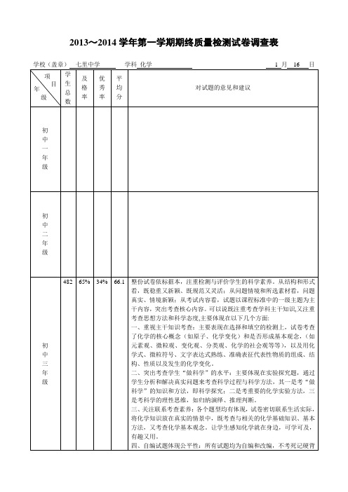 初三化学期末考试试卷分析