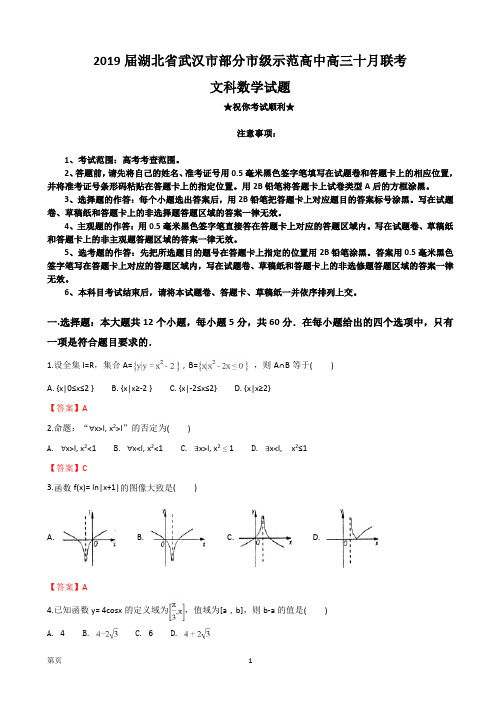 2019届湖北省武汉市部分市级示范高中高三十月联考文科数学试题(word版)