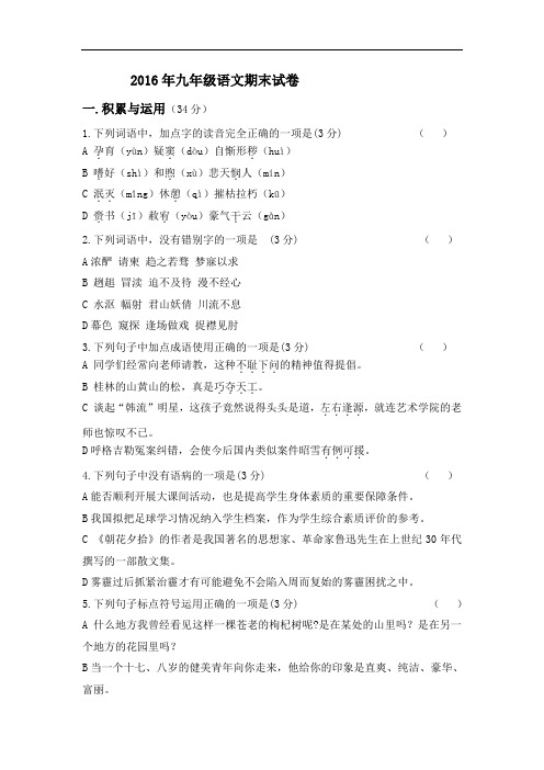 甘肃省靖远县2017届九年级上学期期末全县统考语文试卷