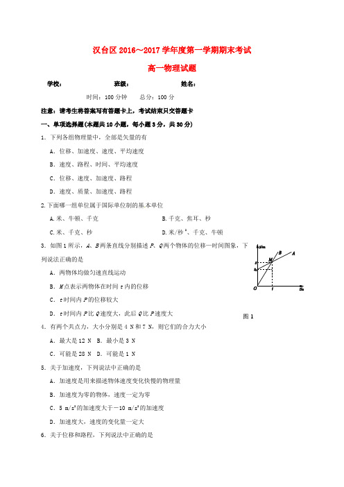 精选陕西省汉中市汉台区2016_2017学年高一物理上学期期末考试试题
