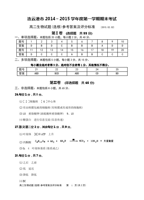 连云港市2014～2015学年度第一学期期末考试生物选修参考答案