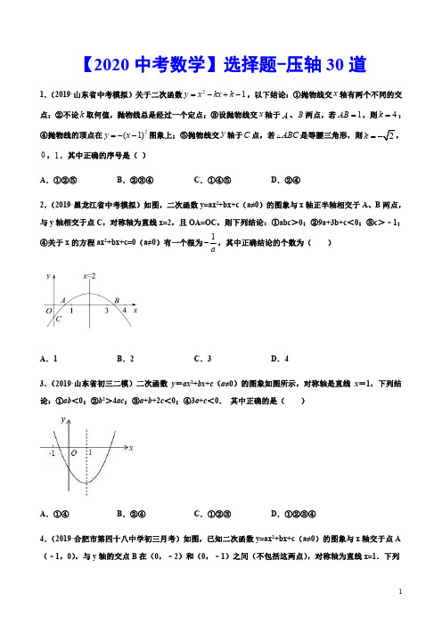 【2020中考数学】选择题-压轴专练30道(含答案详解)