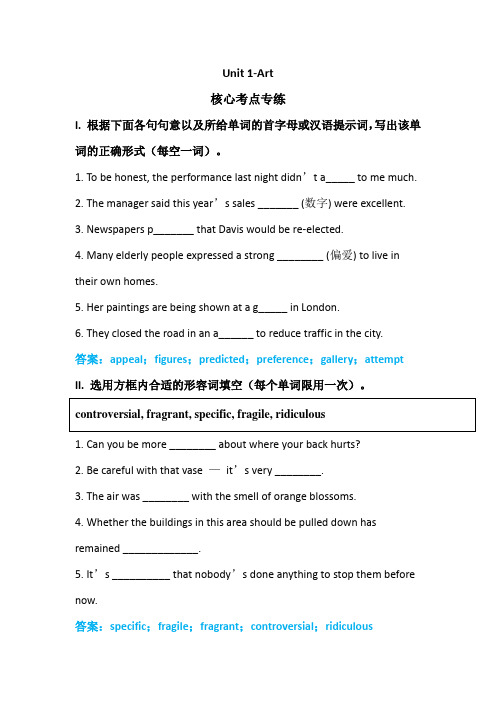 高中英语选修六-Unit 1-Art-核心考点专练