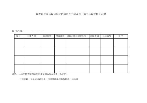 输变电工程风险识别评估清册及三级及以上施工风险管控公示牌