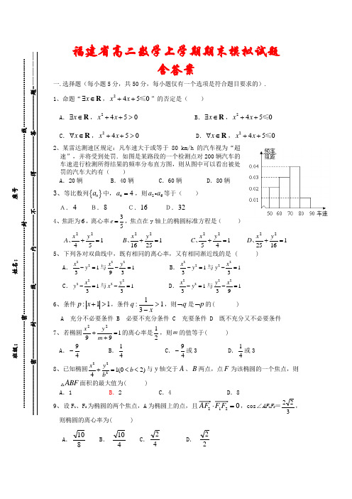 福建省2020-2021学年高二数学上学期期末模拟试题2套(含答案)