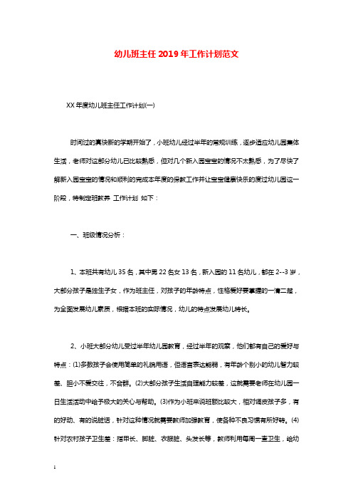 幼儿园学前教育幼儿班主任2019年工作计划范文.doc