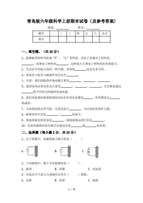 青岛版六年级科学上册期末试卷(及参考答案)