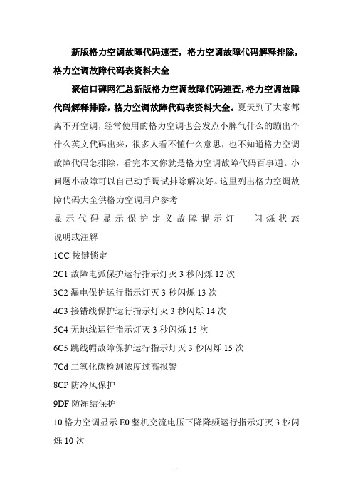 新版格力空调故障代码速查-格力空调故障代码解释排除-格力空调故障代码表资料大全