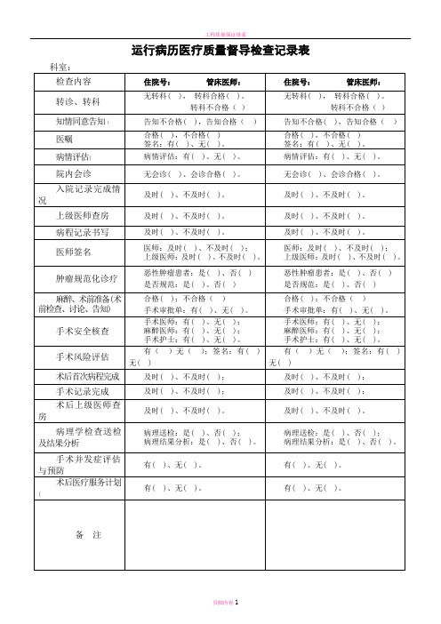 运行病历医疗质量督导检查记录表