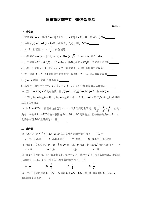 上海市浦东新区2016-2017学年高三上学期期中联考数学试卷(word版,简明答案)