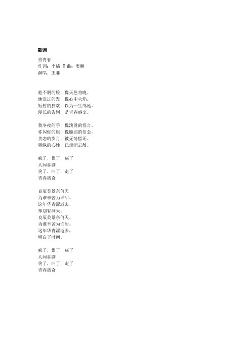 王菲 致青春 歌词