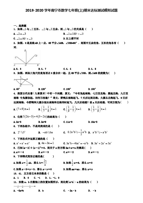 2019-2020学年南宁市数学七年级(上)期末达标测试模拟试题