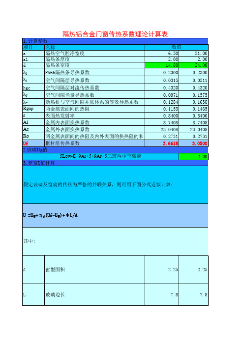 隔热铝合金门窗传热系数理论计算表