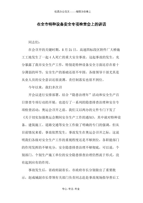 在全市特种设备安全专项检查会上的讲话