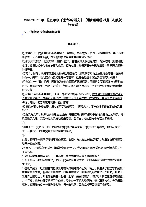 五年级2020-2021年 【五年级下册部编语文】 阅读理解练习题 人教版(word)