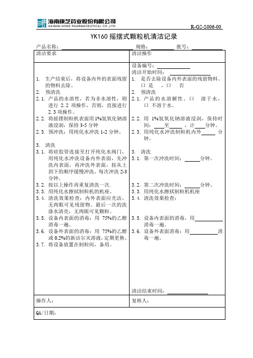 R-G2-S006-00 YK160摇摆式颗粒机清洁记录